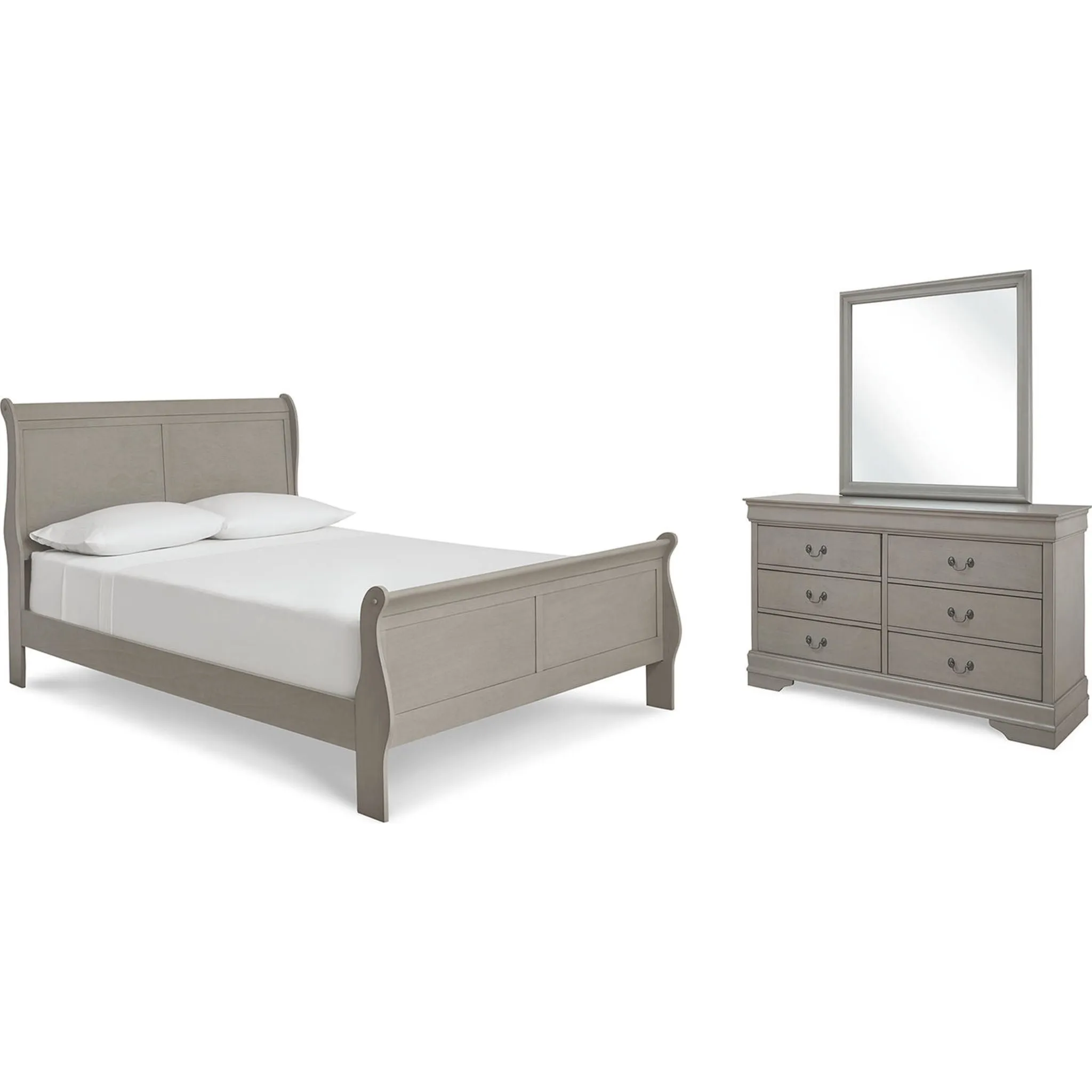 Kordasky Sleigh Bed with Mirrored Dresser - Grey