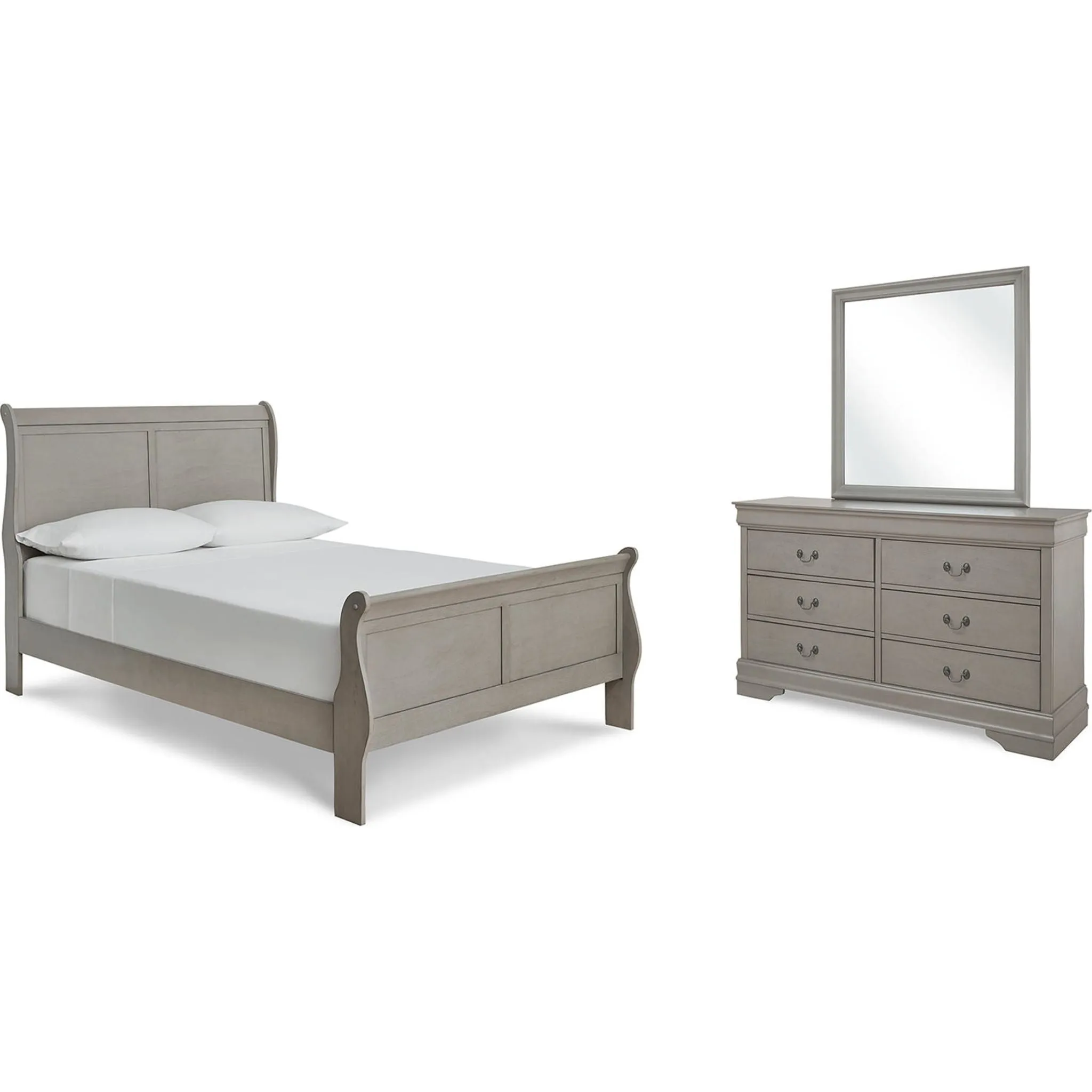 Kordasky Sleigh Bed with Mirrored Dresser - Grey