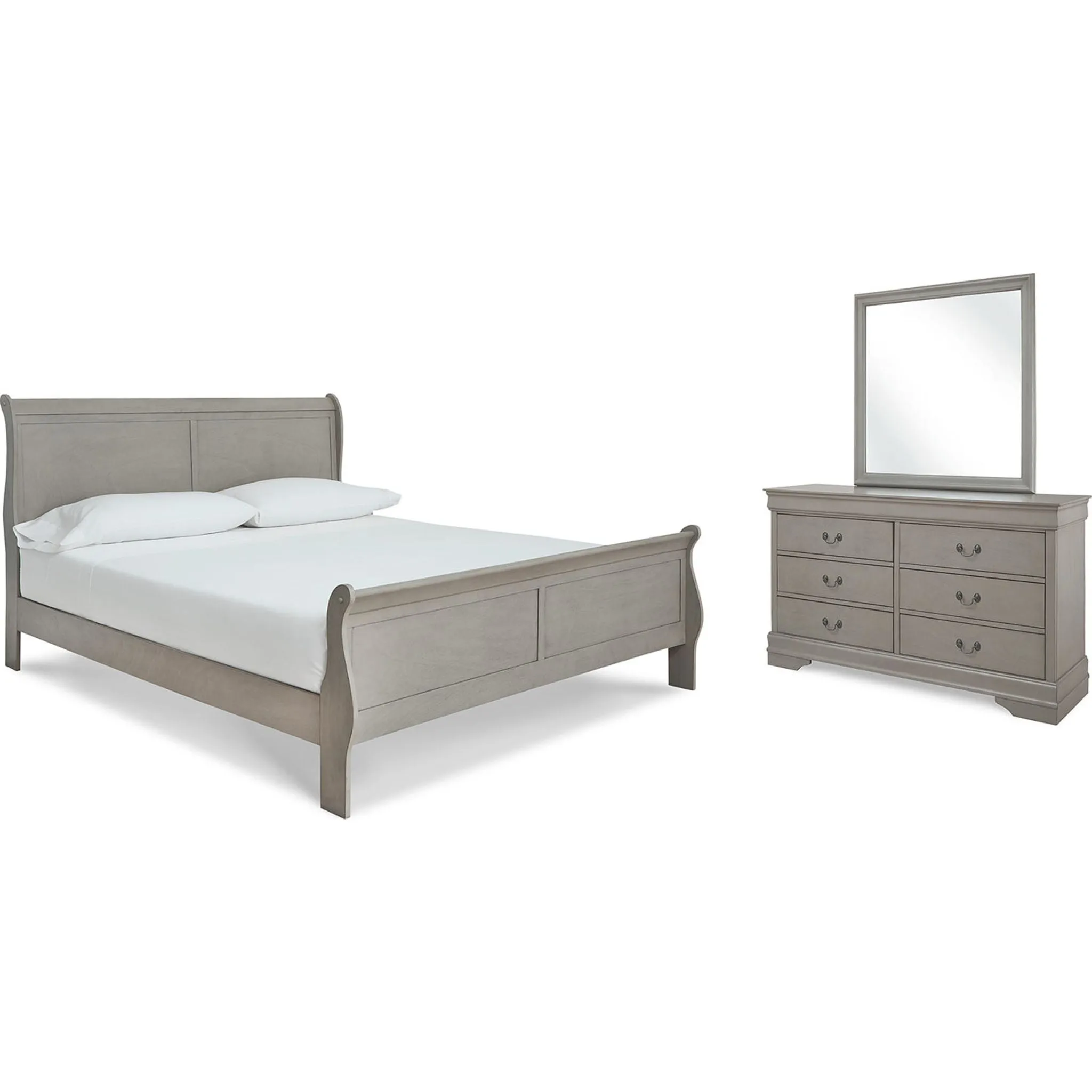 Kordasky Sleigh Bed with Mirrored Dresser - Grey