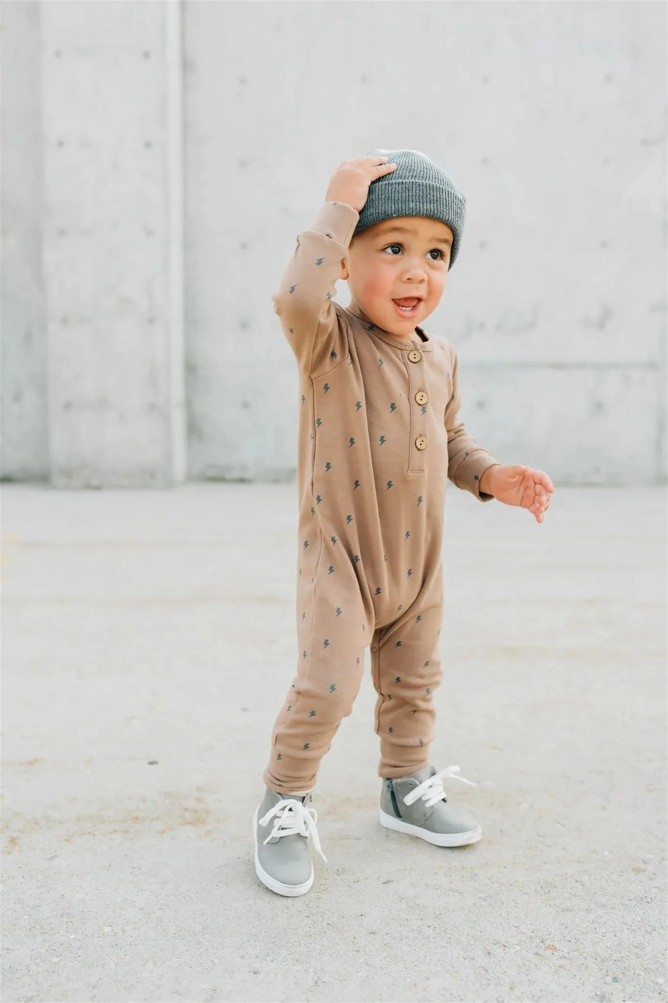 Long Sleeve Button Romper | Lightening Bolt