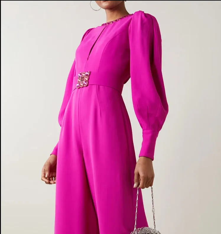 Magenta voluminous sleeves crepe jumpsuit