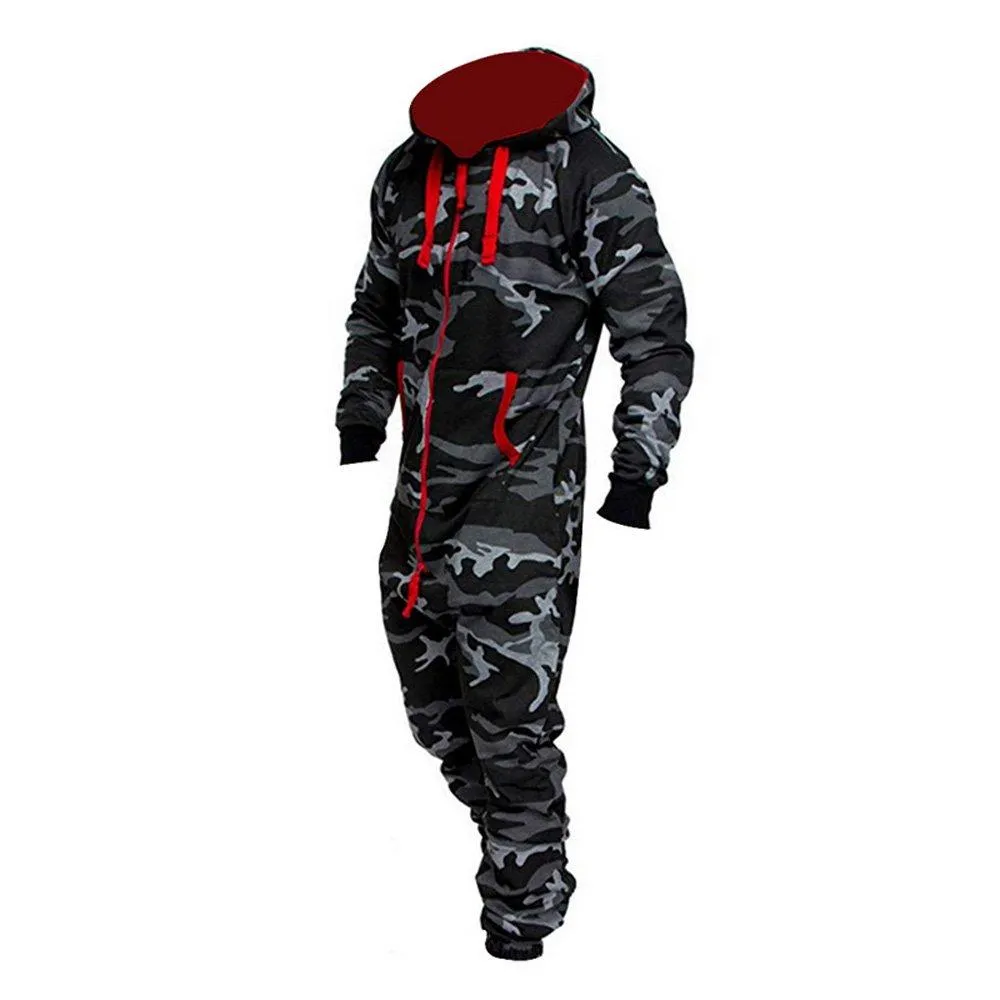 Men's Christmas Hooded Zip  Jumpsuit Camouflage Tracksuit with Pockets