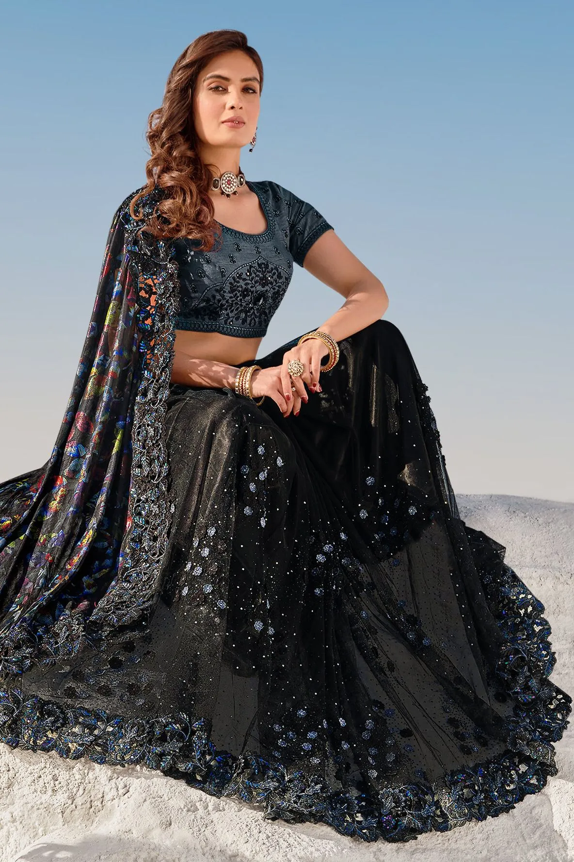 Midnight Black Floral Half N Half Net Saree