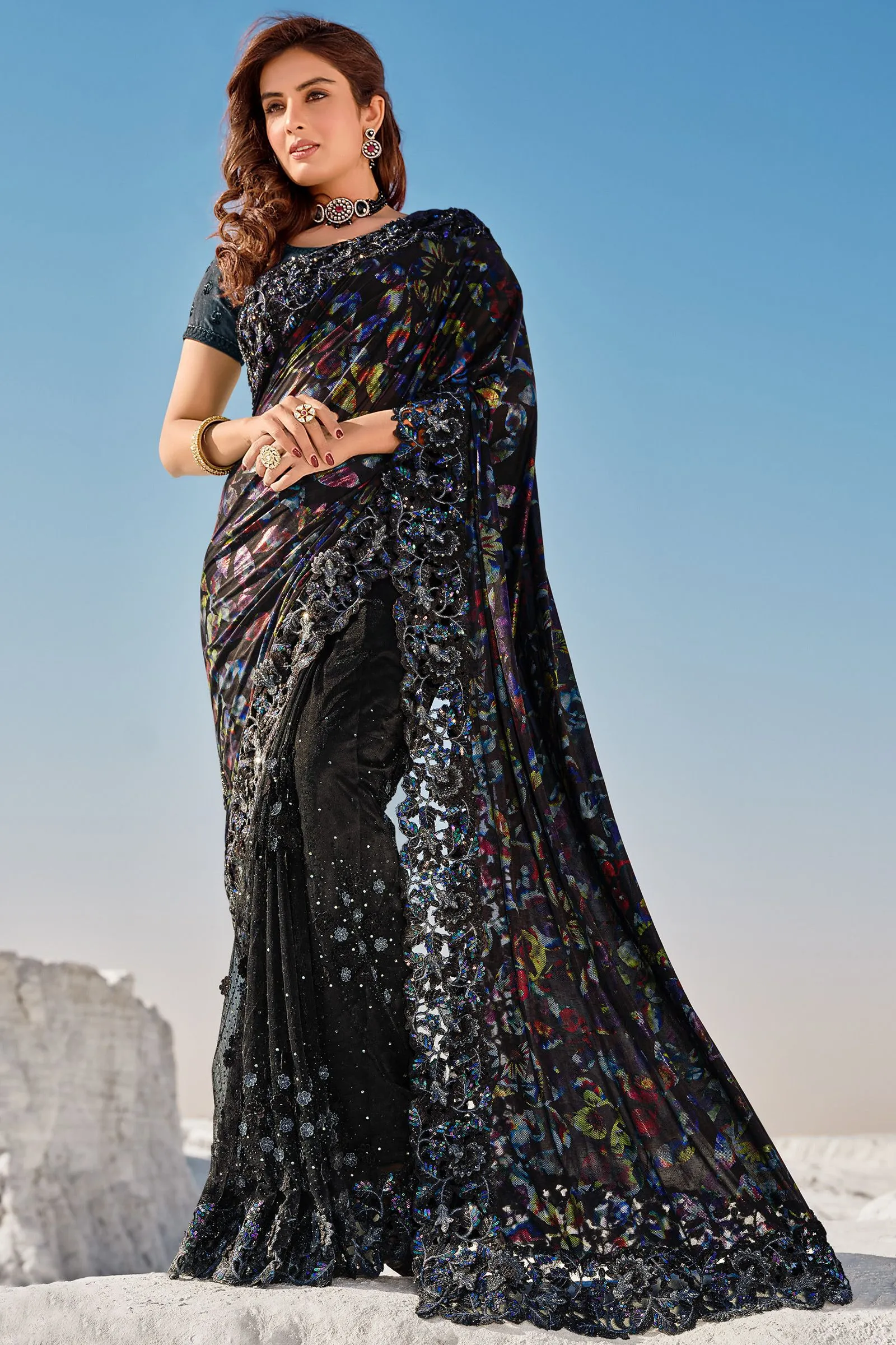 Midnight Black Floral Half N Half Net Saree