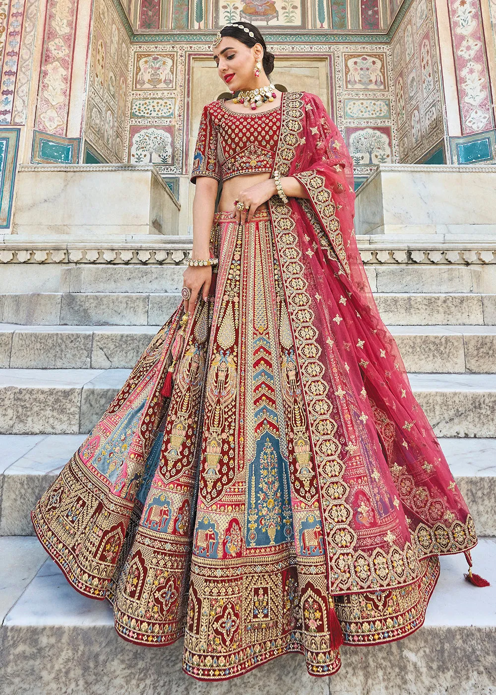 Multicolor Maroon Bridal Wear Heavy Embroidered Silk Lehenga Choli