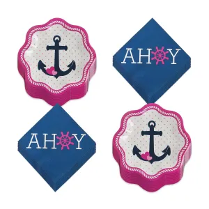 Nautical Girl Party Supplies - Pink and Navy Anchor Paper Dessert Plates and Ahoy Beverage Napkins (Serves 16)