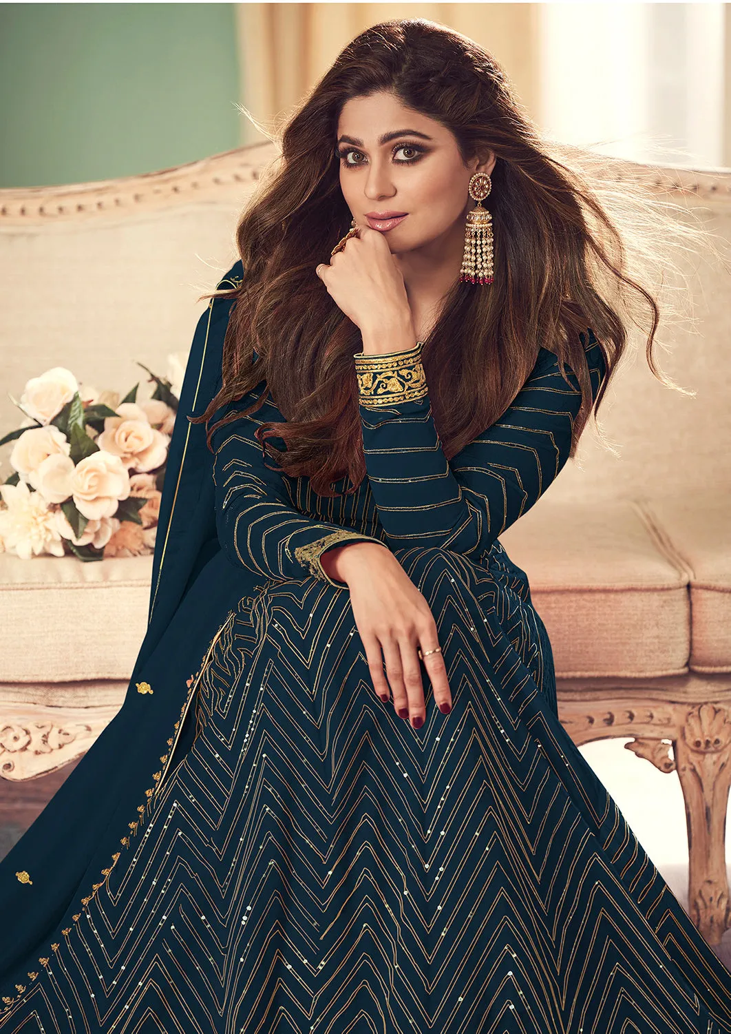 Navy Blue Belt Style Anarkali Featuring Shamita Shetty