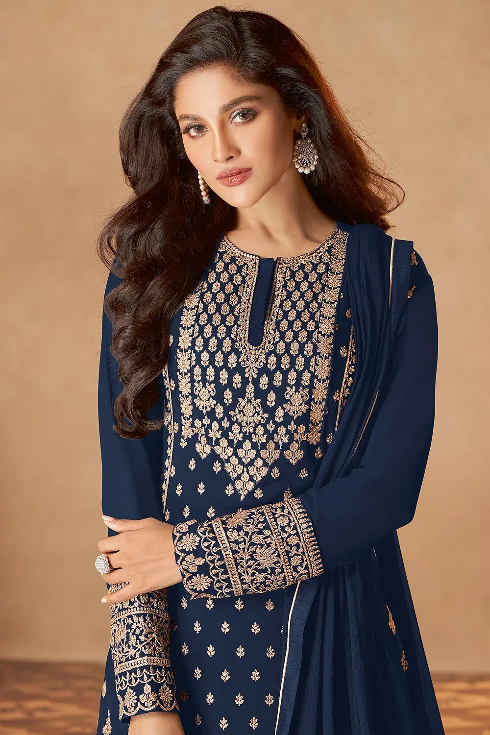 Navy Blue Straight Cut Georgette Designer Sharara Suit