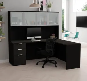 Pro-Concept Plus L-Shaped Desk with Pedestal and Frosted Glass Door Hutch - Available in 2 Colours