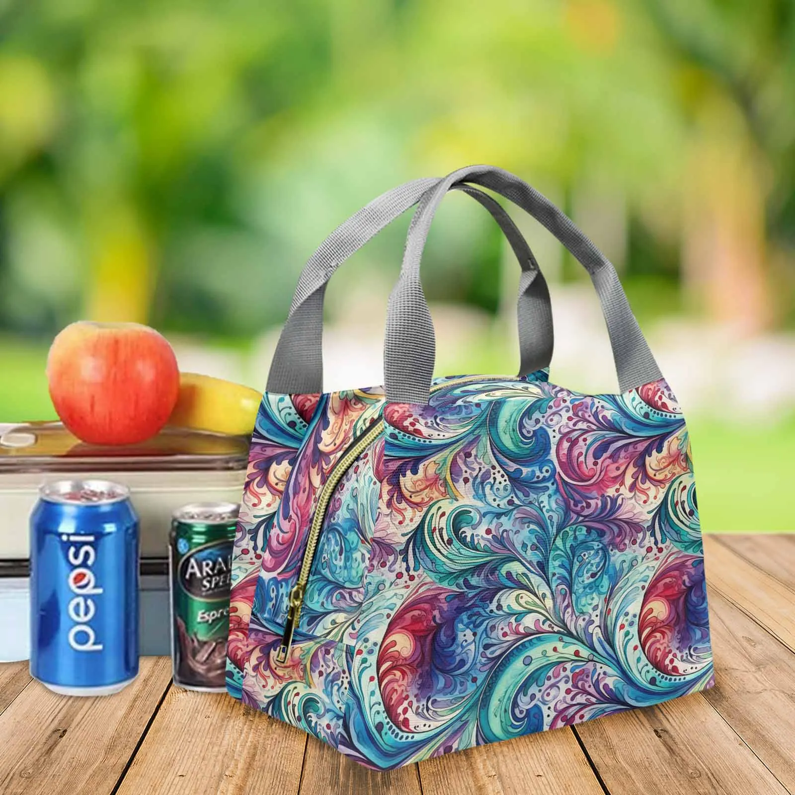 Rainbow Paisley  Portable Lunch Bag-Grey Handle