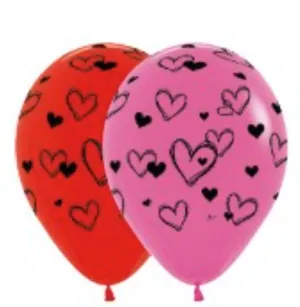 Sempertex 11" Heart Scribbles Print assortment Balloon 50/pk, Red and Fuchsia