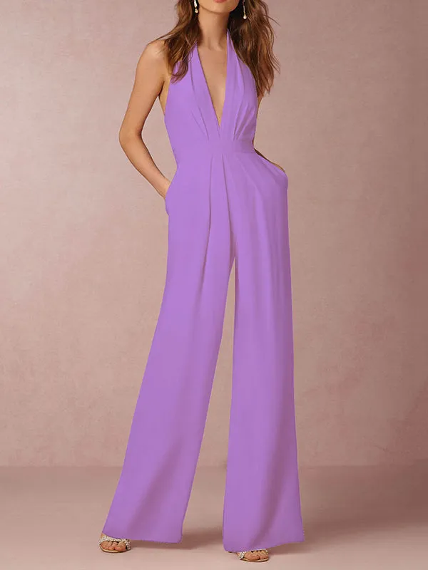 Sleeveless Wide Leg Backless Solid Color Halter-Neck Jumpsuits