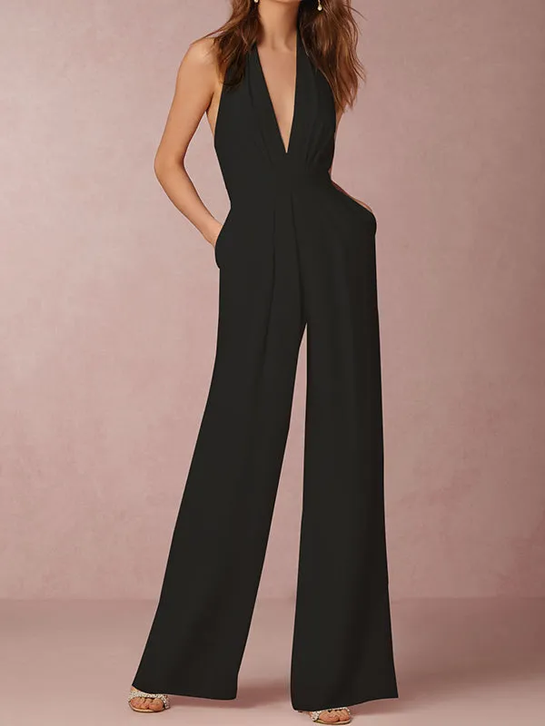 Sleeveless Wide Leg Backless Solid Color Halter-Neck Jumpsuits