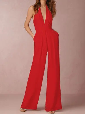 Sleeveless Wide Leg Backless Solid Color Halter-Neck Jumpsuits