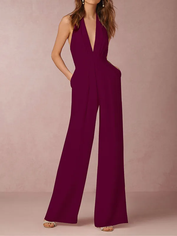 Sleeveless Wide Leg Backless Solid Color Halter-Neck Jumpsuits