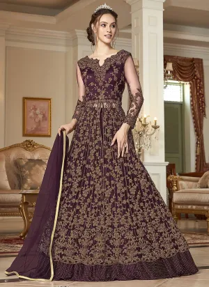 Soothing Maroon Embroidered Net Lehenga Style Anarkali Suit