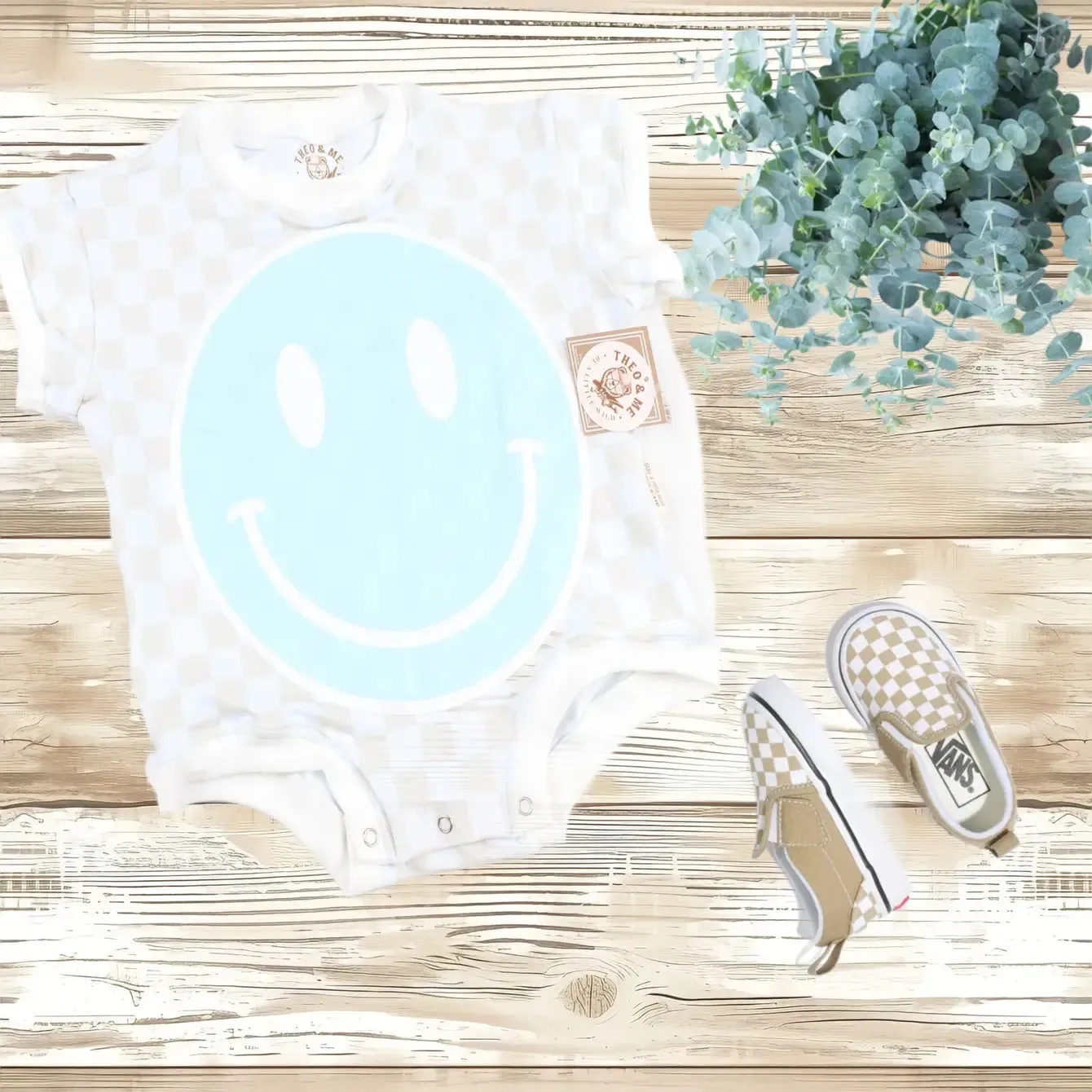 Theo & Me Unisex Tan Check Happy Face Bubble Romper