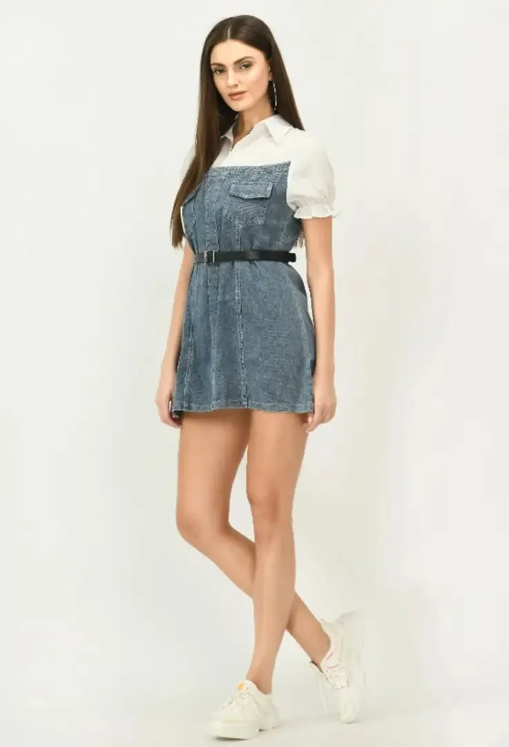 Trendy Short Denim Dress With Belt