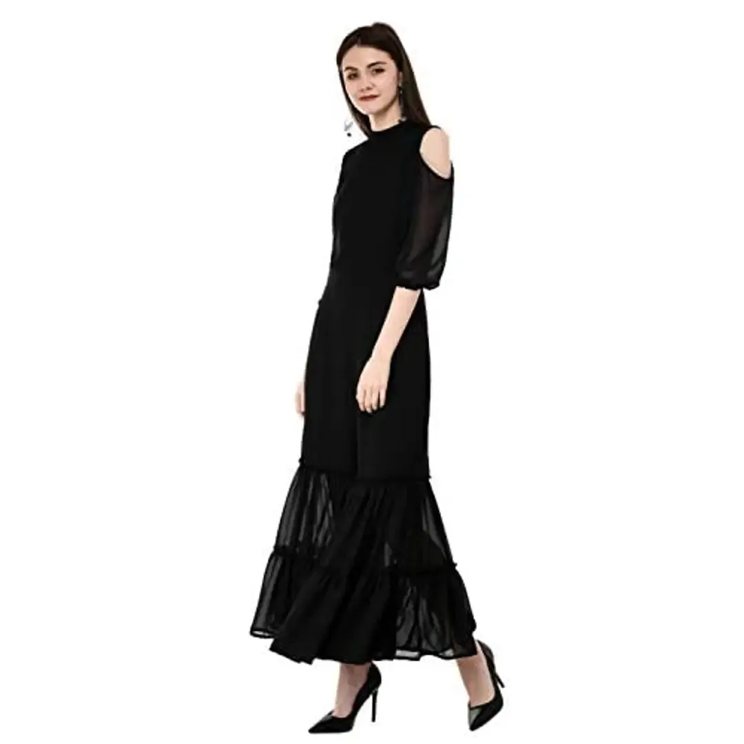 V&M Black Lace Cold Shoulder Sleeves Designer Indo Western Fusion Sharara Jumpsuit for Women (VM197)