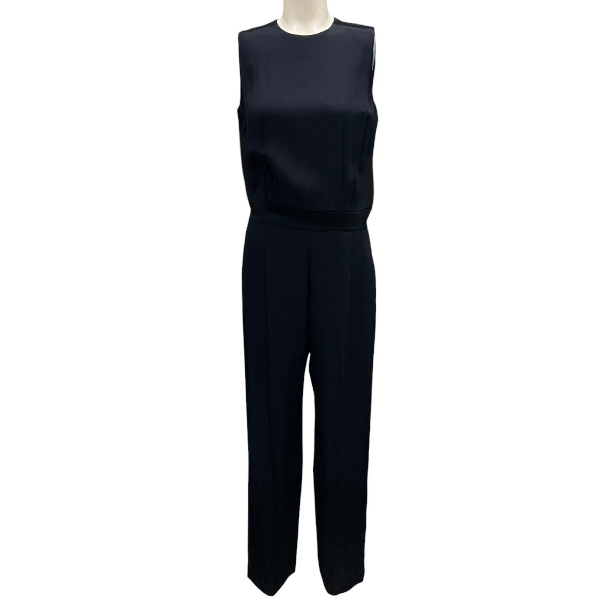 Victoria Beckham Navy Blue / Black Satin Trimmed Sleeveless Crepe Jumpsuit