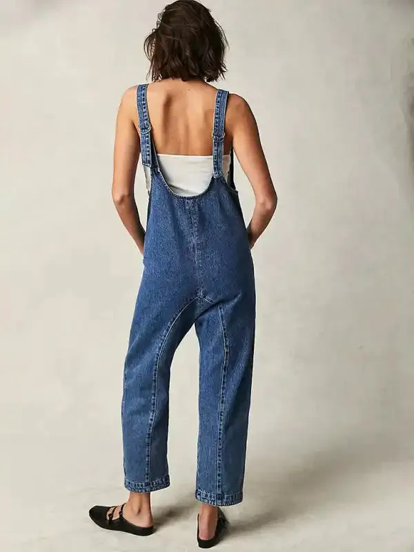 Washed Denim V-neck Jumpsuit Adjustable Overalls