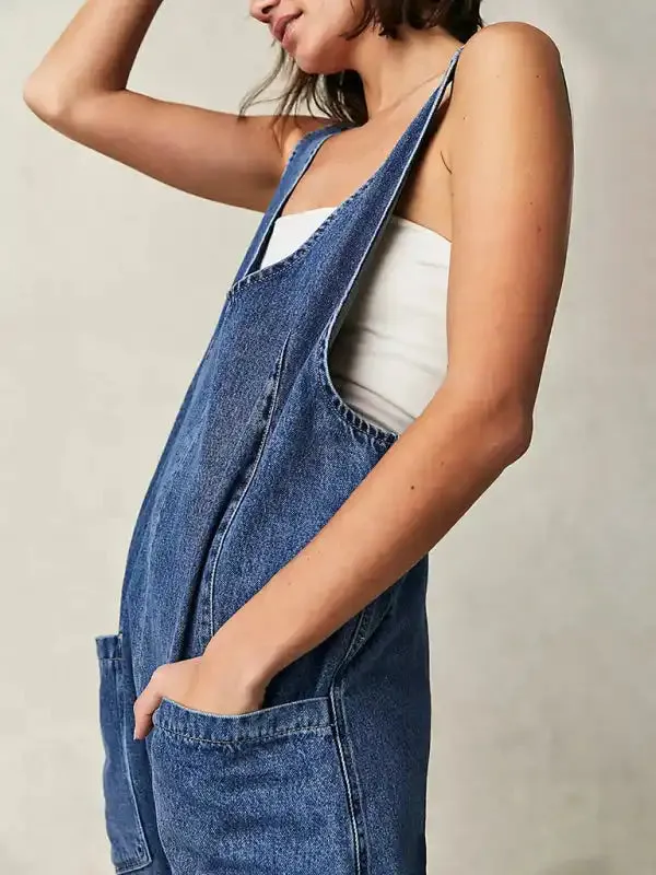 Washed Denim V-neck Jumpsuit Adjustable Overalls