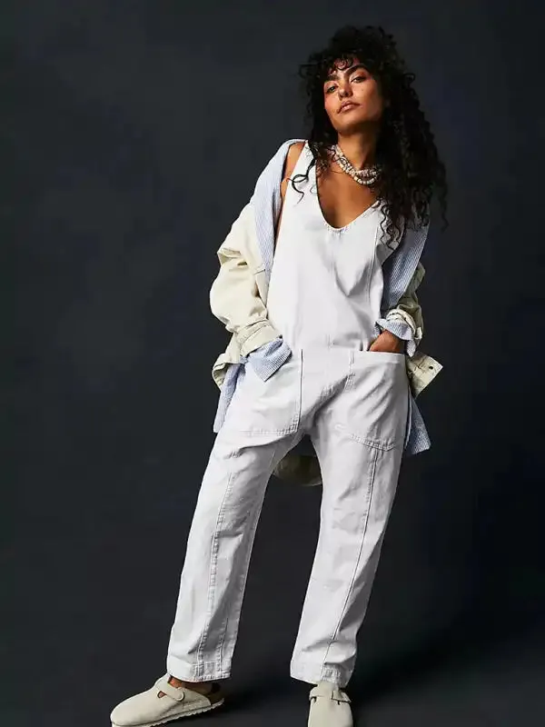 Washed Denim V-neck Jumpsuit Adjustable Overalls