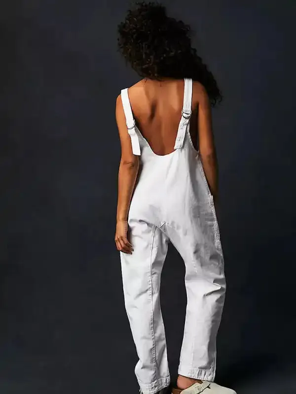 Washed Denim V-neck Jumpsuit Adjustable Overalls