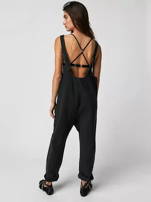 Washed Denim V-neck Jumpsuit Adjustable Overalls