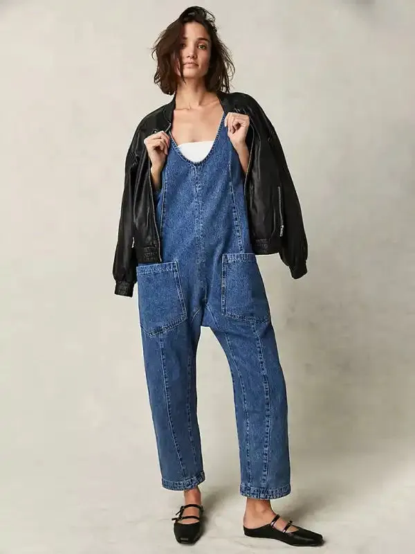 Washed Denim V-neck Jumpsuit Adjustable Overalls