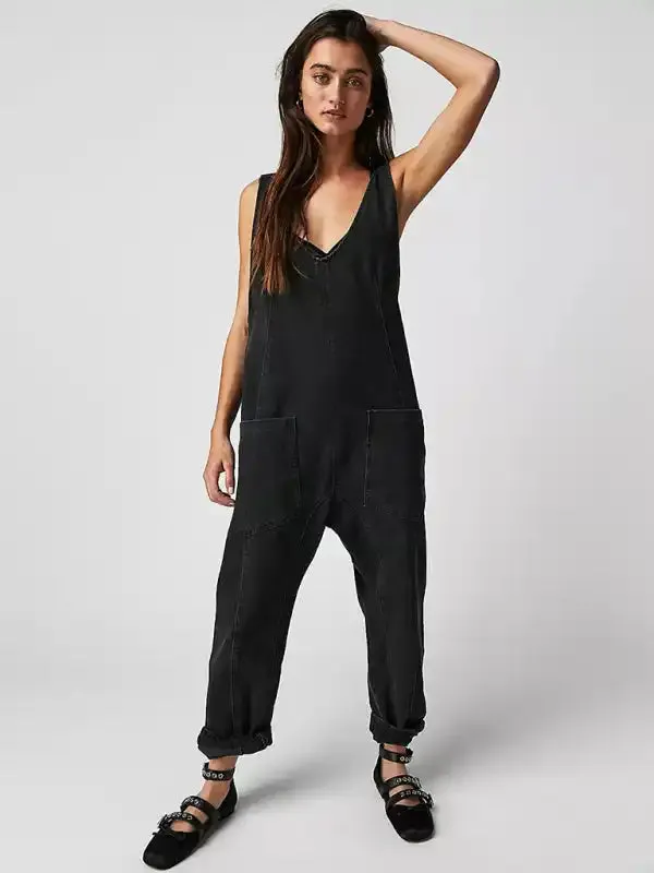 Washed Denim V-neck Jumpsuit Adjustable Overalls