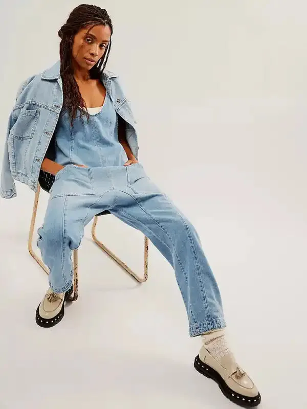 Washed Denim V-neck Jumpsuit Adjustable Overalls