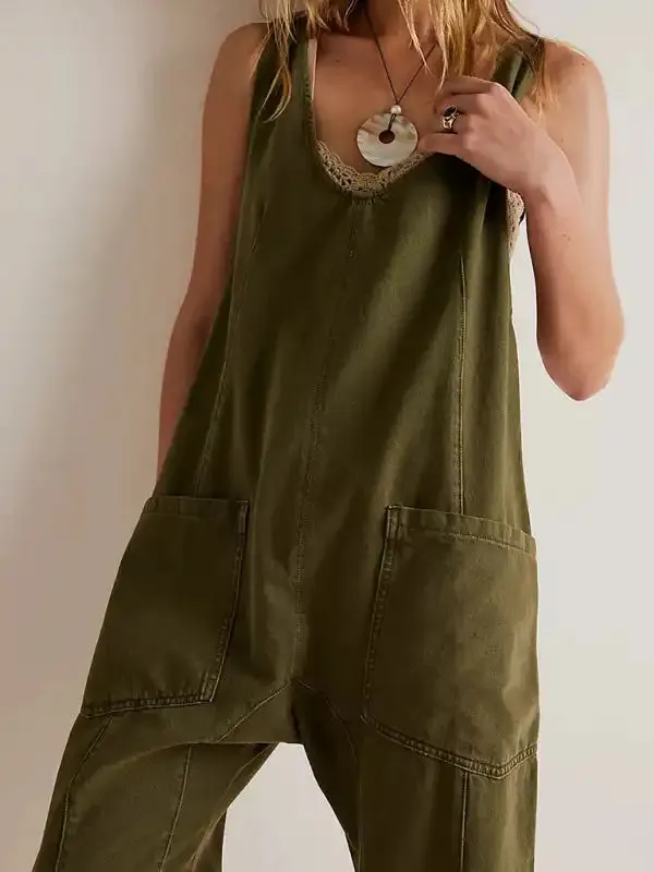 Washed Denim V-neck Jumpsuit Adjustable Overalls