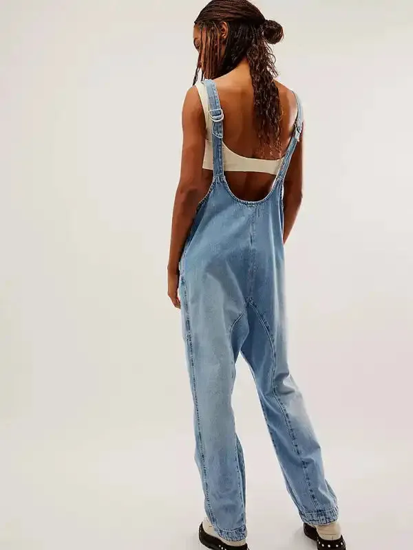 Washed Denim V-neck Jumpsuit Adjustable Overalls