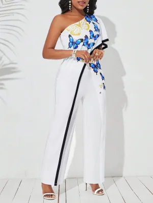 Women'S Butterfly Printed One Shoulder Wide Leg Jumpsuit