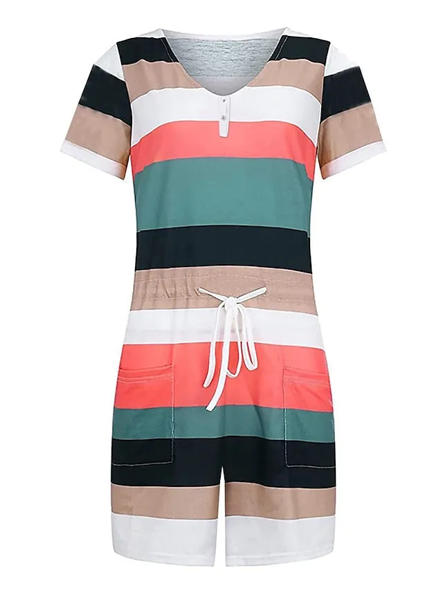 Women's Romper Pocket Print Striped V Neck Streetwear Street Daily Regular Fit Short Sleeve Black White Pink S M L Summer