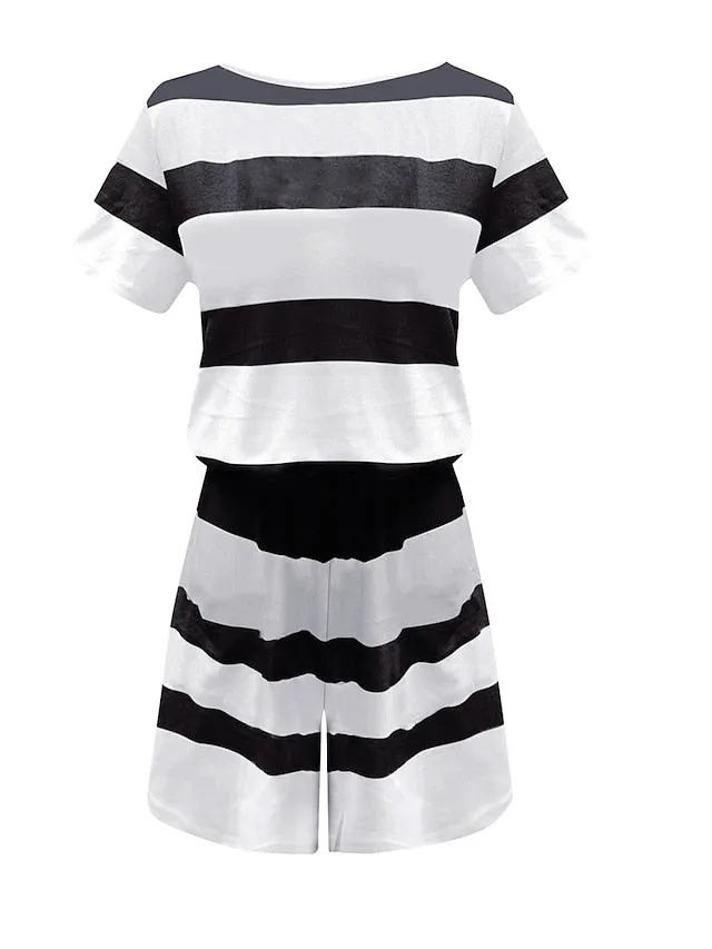 Women's Romper Pocket Print Striped V Neck Streetwear Street Daily Regular Fit Short Sleeve Black White Pink S M L Summer