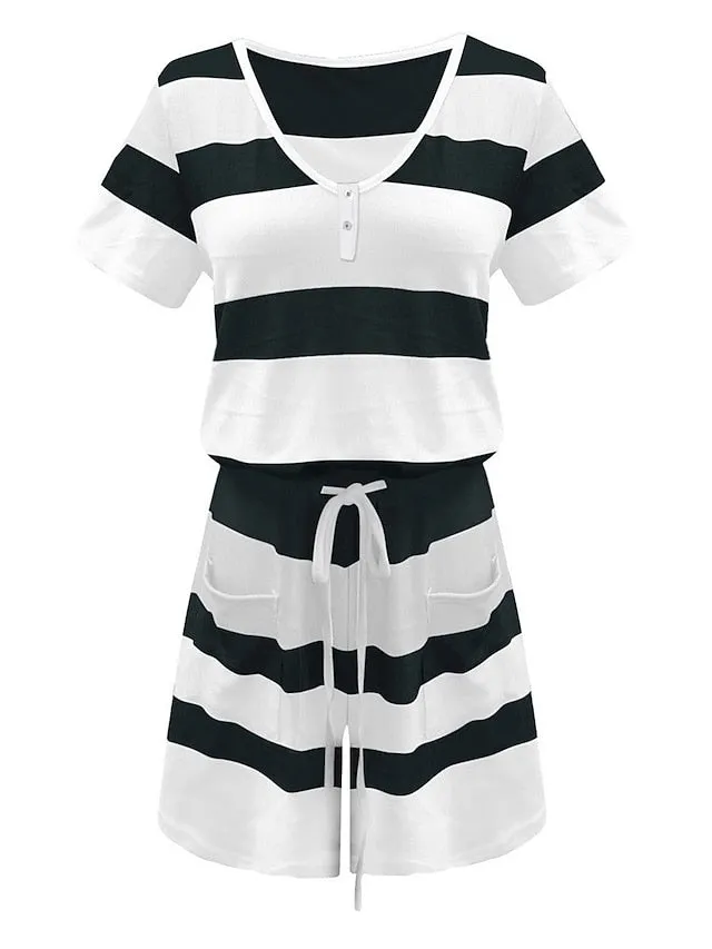 Women's Romper Pocket Print Striped V Neck Streetwear Street Daily Regular Fit Short Sleeve Black White Pink S M L Summer